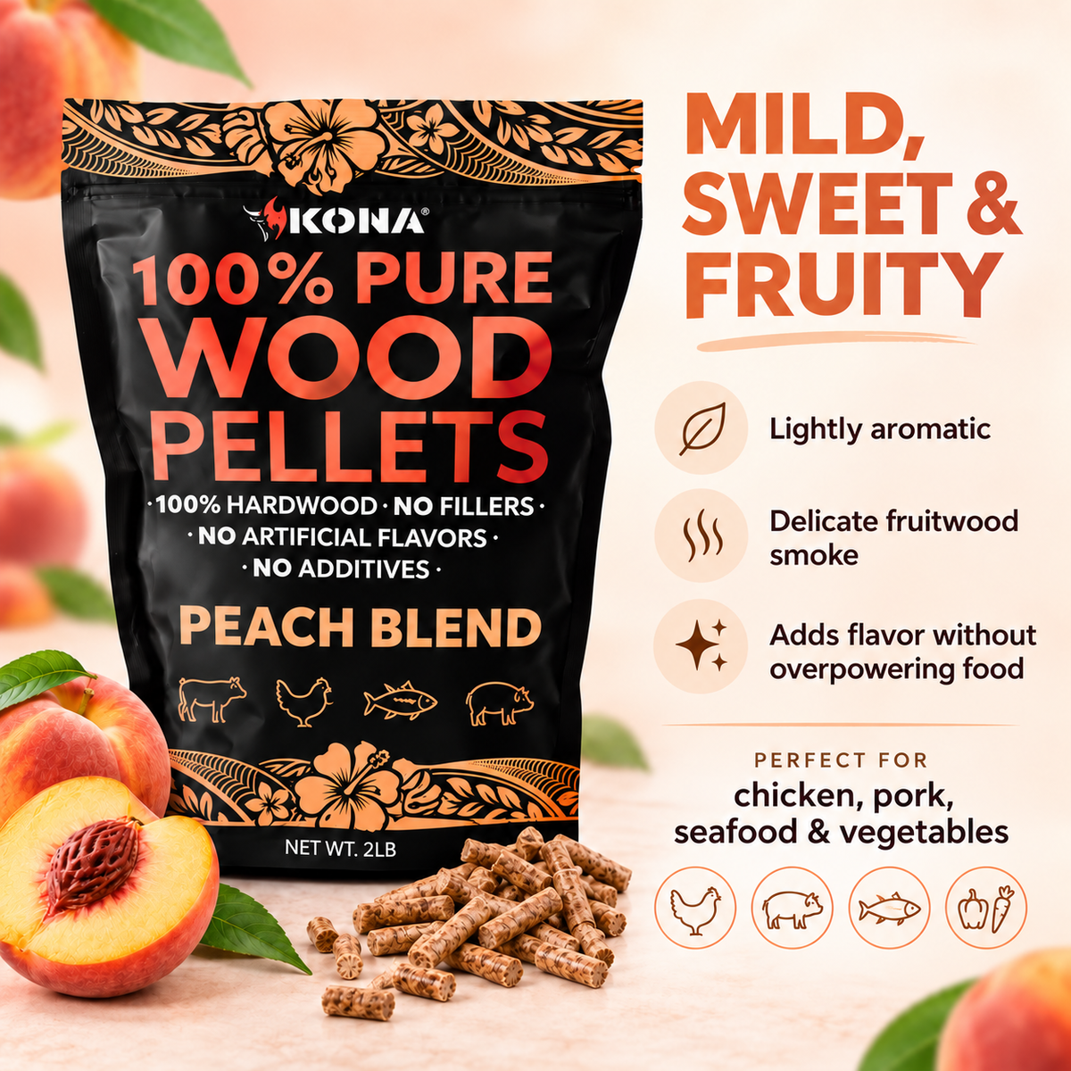 Kona Peach Blend Wood Smoker Pellets for Ninja Woodfire & Smokers