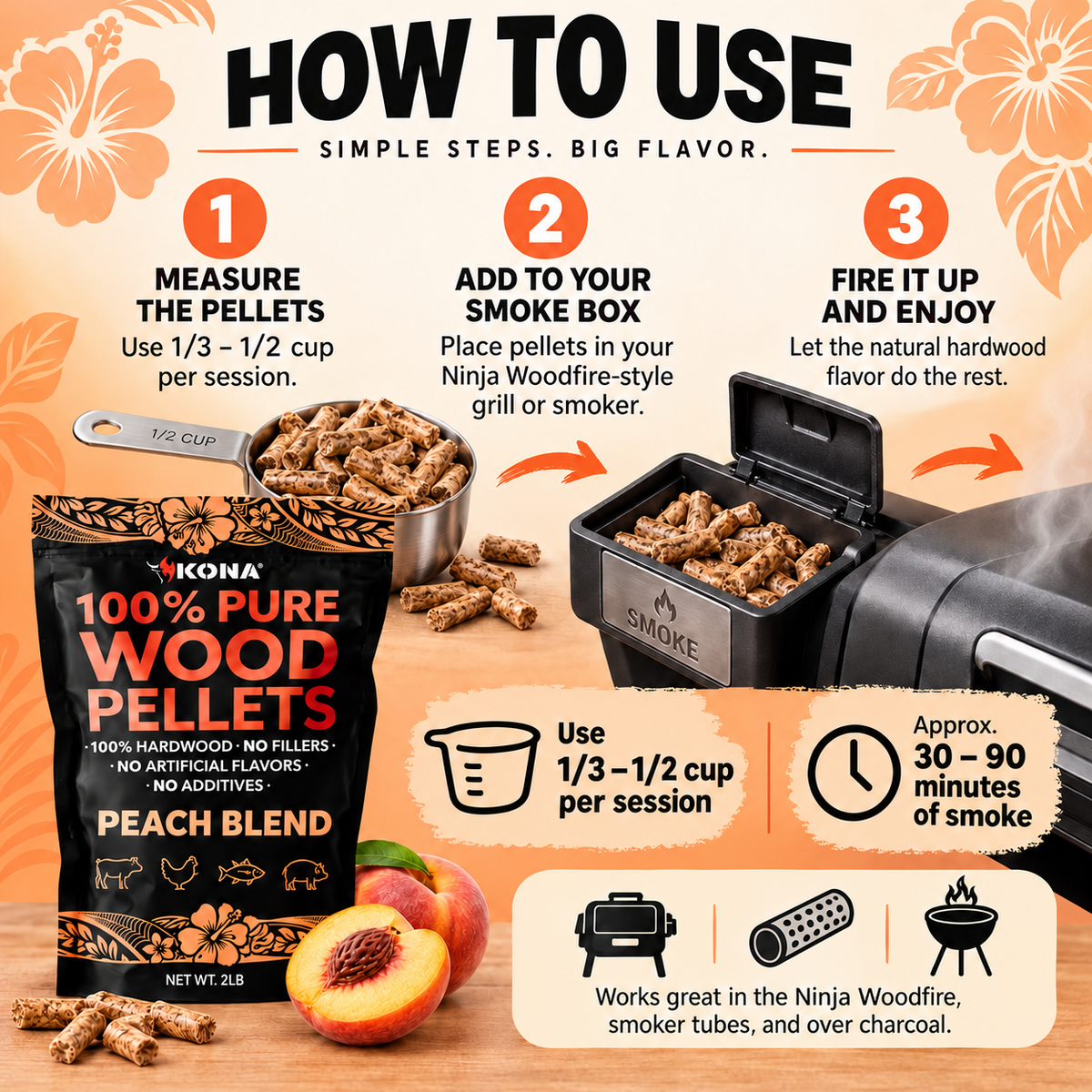 Kona Peach Blend Wood Smoker Pellets for Ninja Woodfire & Smokers