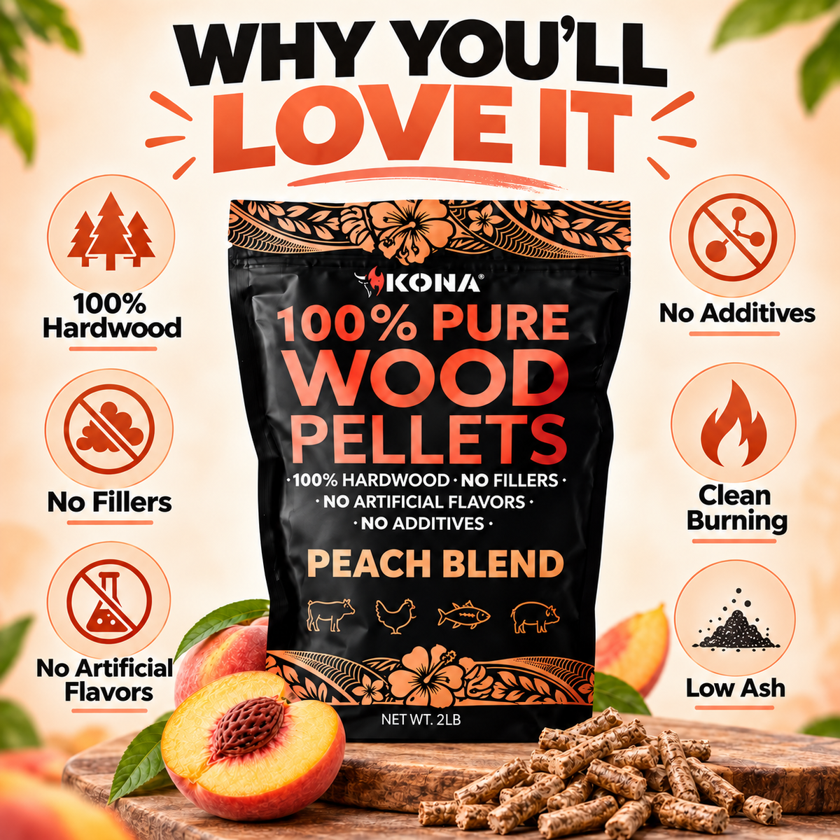 Kona Peach Blend Wood Smoker Pellets for Ninja Woodfire & Smokers