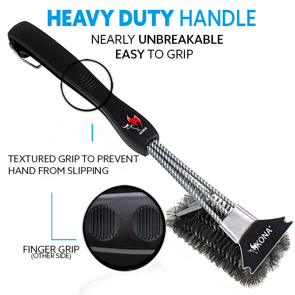 Kona Flat/Scrape Grill Brush and Scraper - Compatible with Weber and Other Brands Flat Grill Grates - BBQ Cleaner for Gas Grills, Stainless Steel Cast Iron Grates - New Flex Grip Handle
