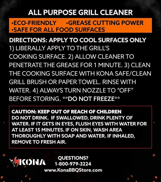 Kona Safe/Clean Concentrated Grill Cleaner Spray - Professional Strength, Just Add Water, No-Drip Formula - Eco-Friendly, Food Safe BBQ Degreaser, Biodegradable - 23oz
