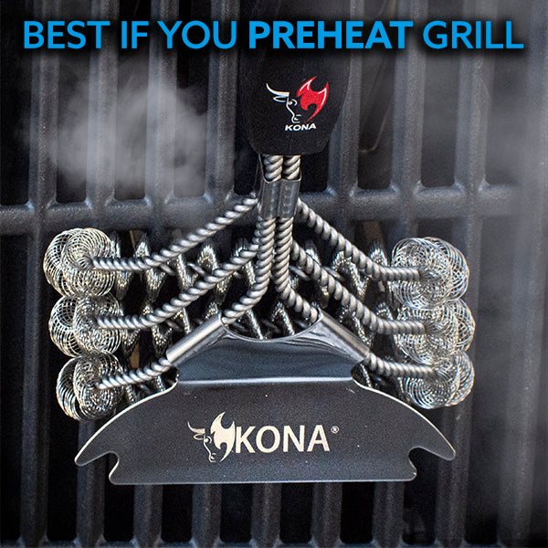 Kona Safe/Clean Grill Brush with Flat/Scrape Scraper - Compatible with Weber and Other Brands Flat Grill Grates - BBQ Cleaner for Gas Grills, Stainless Steel Cast Iron Grates - New Flex Grip Handle