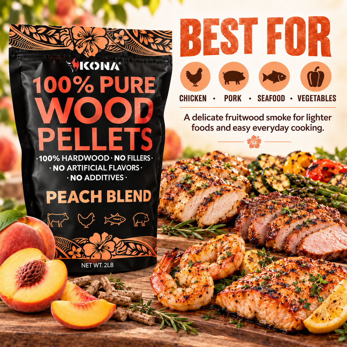Kona Peach Blend Wood Smoker Pellets for Ninja Woodfire & Smokers