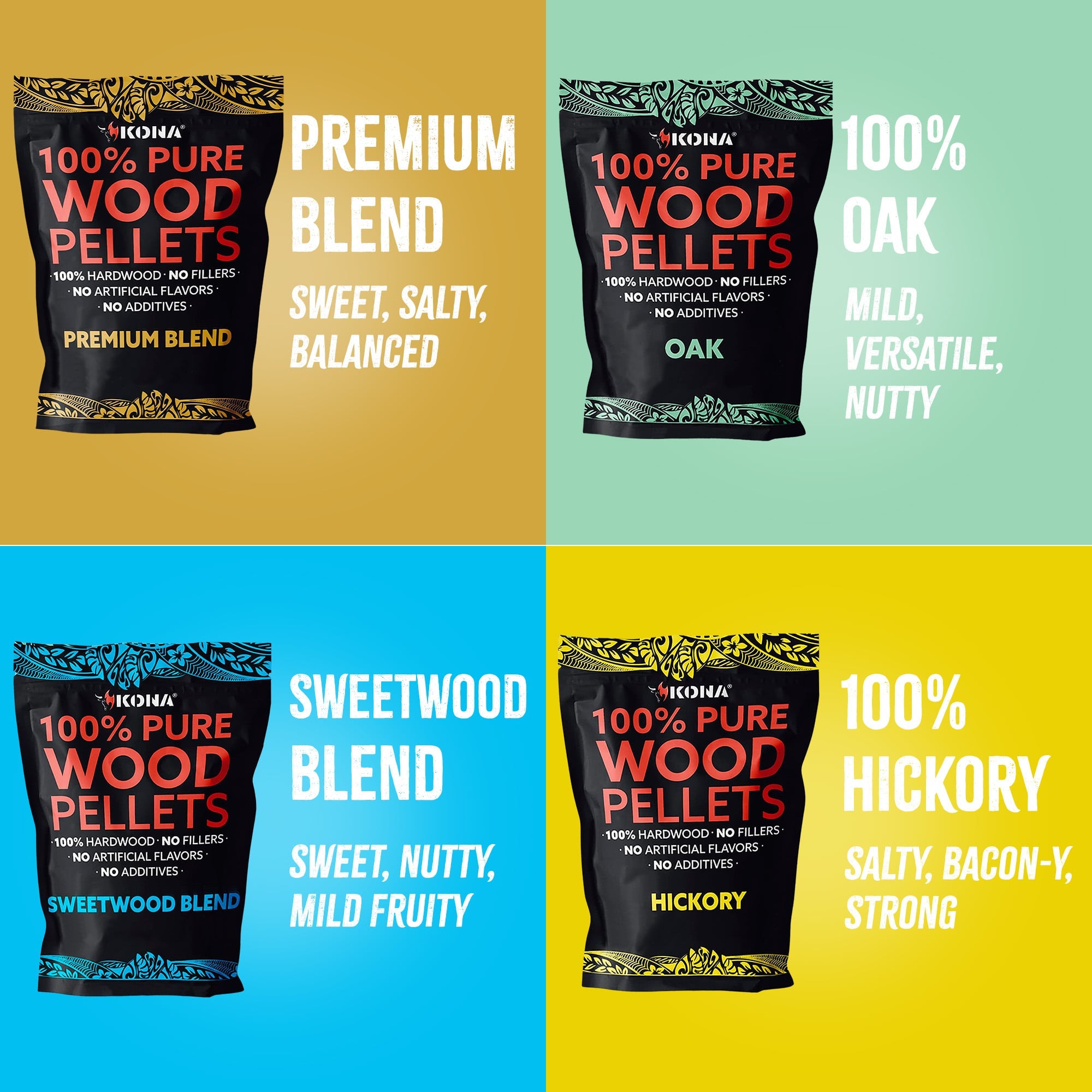 Kona All-Purpose Wood Pellet Variety Pack (4 x 2 lb) for Ninja Woodfire & Smokers