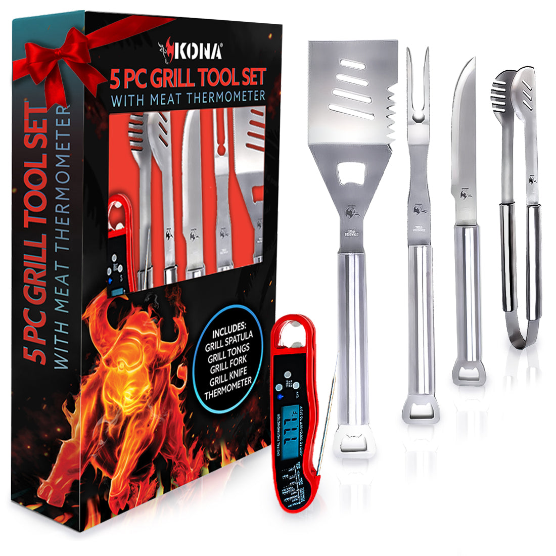 Premium Kona 5 Piece Grill Tools Set - Stainless-Steel Spatula, Tongs
