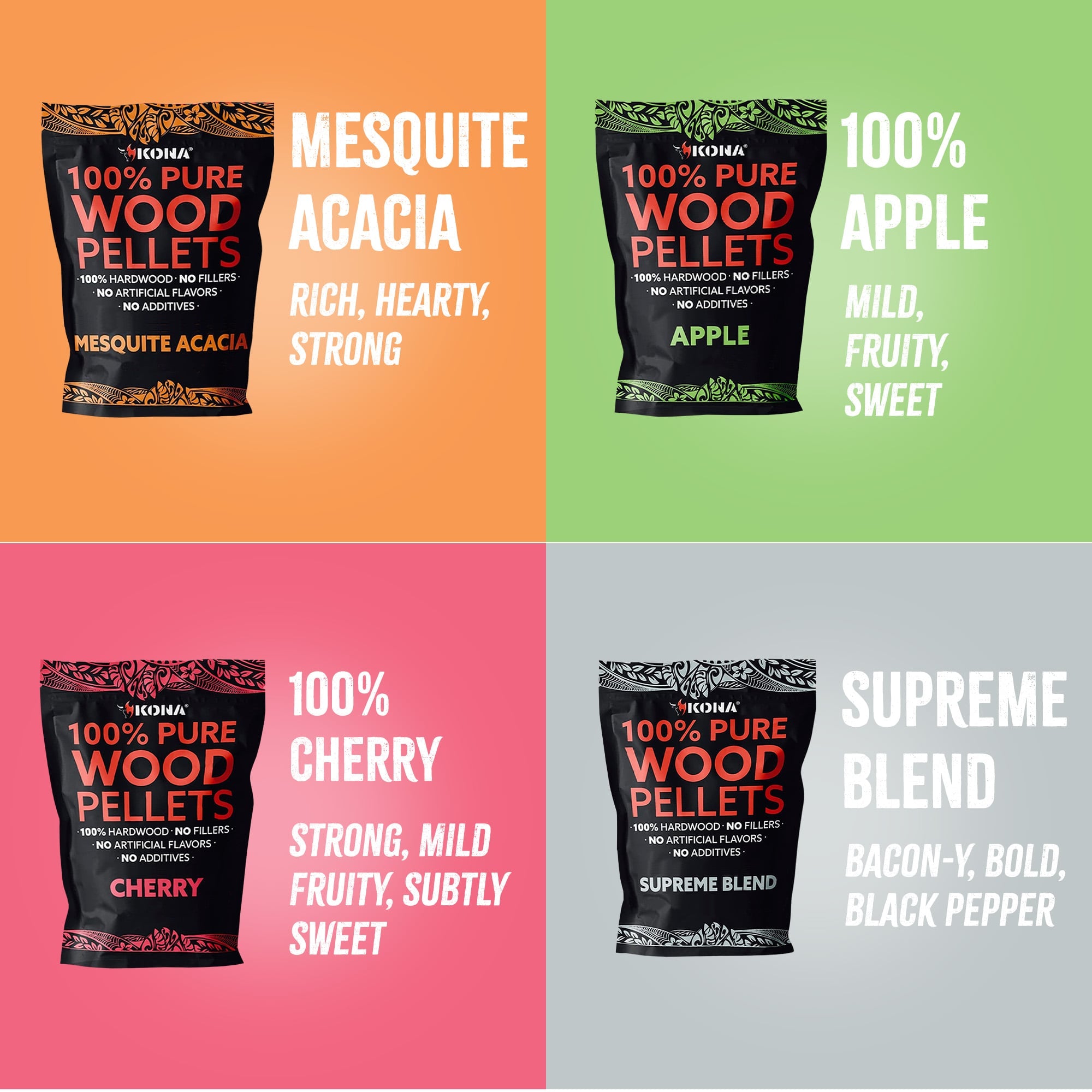 Kona Sweet & Savory Wood Pellet Variety Pack (4 x 2 lb) for Ninja Woodfire & Smokers
