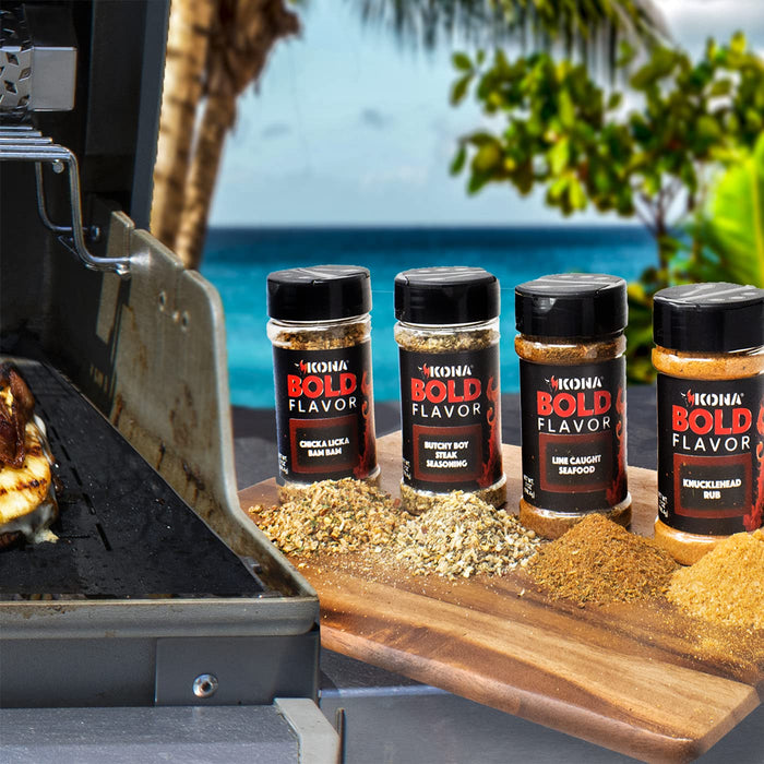 Kona Grilling Spices Gift Set - Bold, Mouth Watering Seasonings For Meat, Poultry, Seafood - Chicka Licka Bam Bam, Butchy Boy Steak, Line Caught Seafood and Knuckle Head Rub