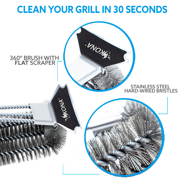 Kona Flat/Scrape Grill Brush and Scraper - BBQ Cleaner for GAS Grills, Stainless Steel Cast Iron Grates, Size: 17.5 Long, Black