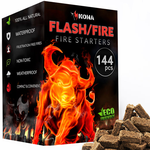 Kona Flash/Fire Fire Starter Cubes - Natural 144 pcs for BBQ Grills, Campfires, Charcoal, Fire Pits, Survival