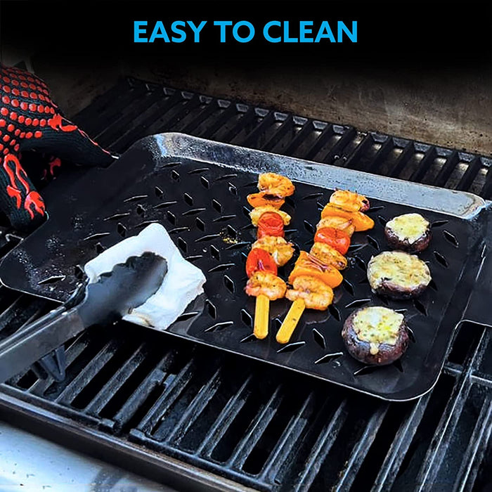 Grill Topper BBQ Grilling Pans (Set of 2) - Non-Stick Barbecue Trays w  Stainless Steel Handles for Meat, Vegetables, and Seafood 