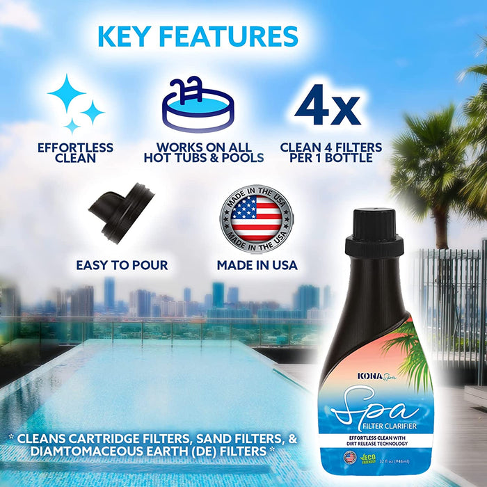 Kona Spa & Pool Filter Cleaner, Hot Tub Filter Cartridge Soaking Solution - Easy Pour Bottle, 32 Fl Oz