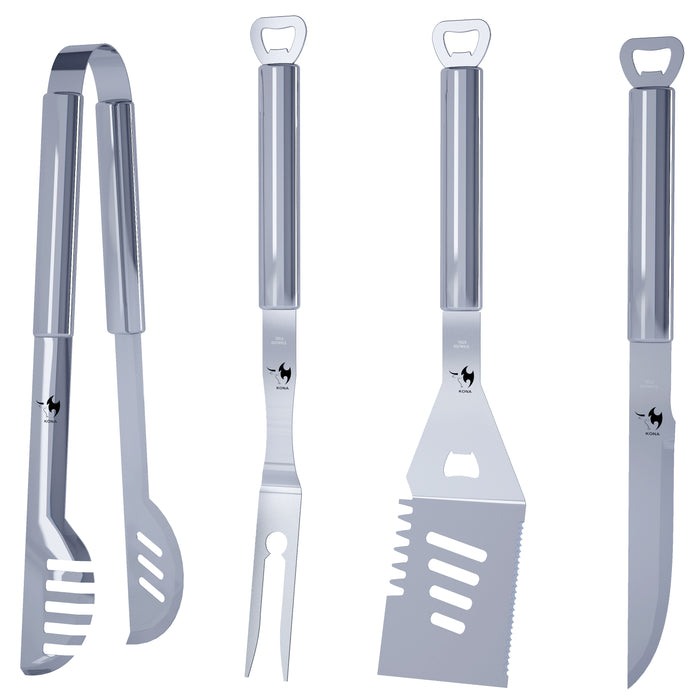 Kona Grill Tools Set - Stainless-Steel Spatula, Tongs, Fork, Knife, Openers & Case